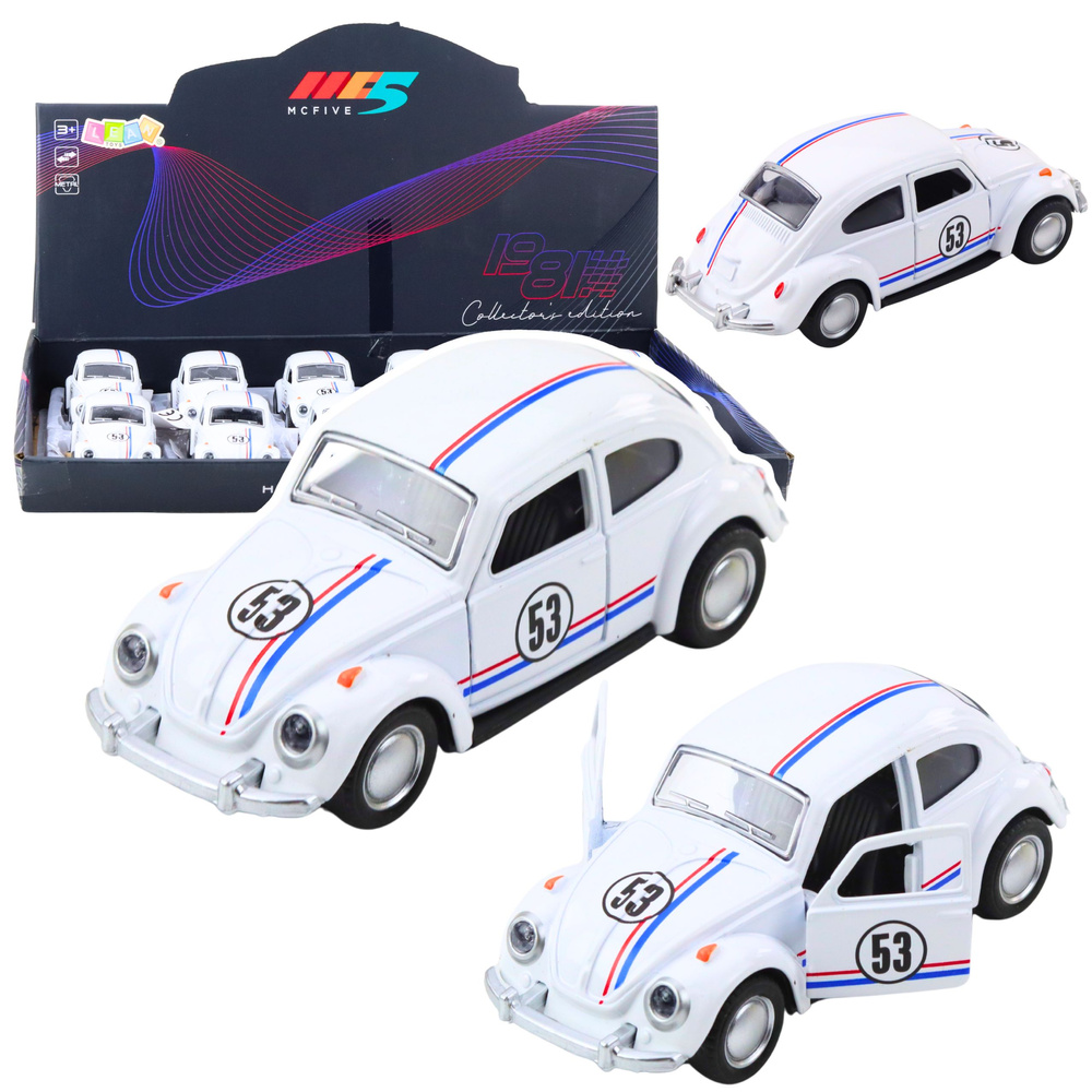 Kovový model auta LEAN Toys Garbus 1:32 bílý s otevíracími dveřmi a pohonem pull back, +3 let — Celkový pohled