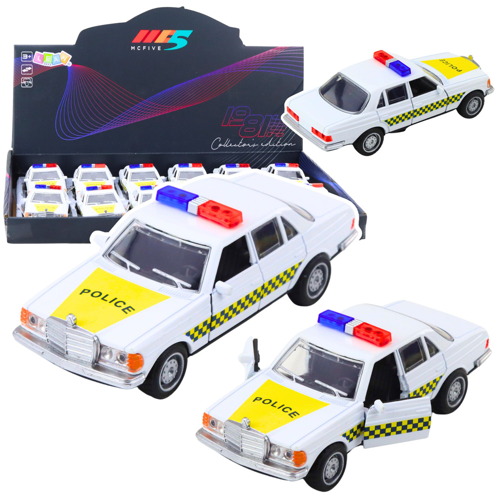 Kovový model klasického policajného auta v mierke 1:32 s otvárateľnými dverami a pohonom typu „pull-back“