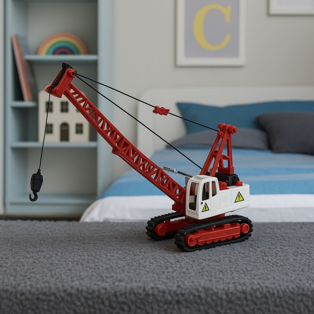 Kovový pásový jeřáb LEAN Toys s otvíratelnou kabinou a zvuky — V provozu
