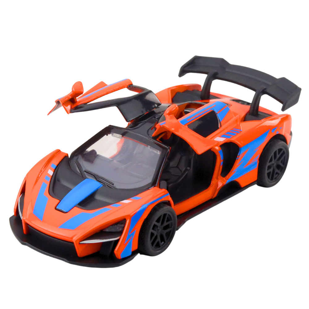 Kovový sportovní model auta 1:32 s otevíracími dveřmi a pohonem pull-back oranžový — V provozu