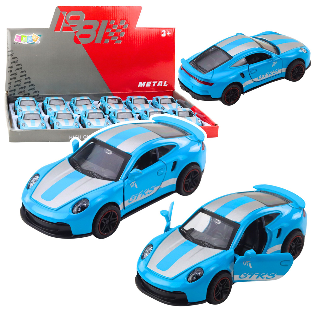 Kovový športový model auta GTRS v mierke 1:43 s otvárateľnými dverami – modrý dizajn