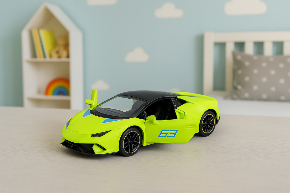Kovové sportovní auto LEAN Toys - neonově zelené pull-back auto pro děti od 3 let — V provozu