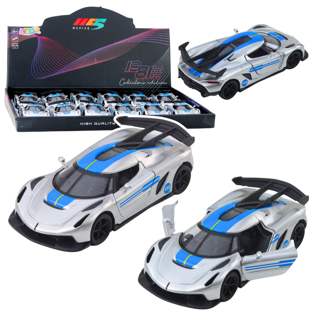 Kovový športový pretekársky model 1:32, strieborný, s otvárateľnými dverami