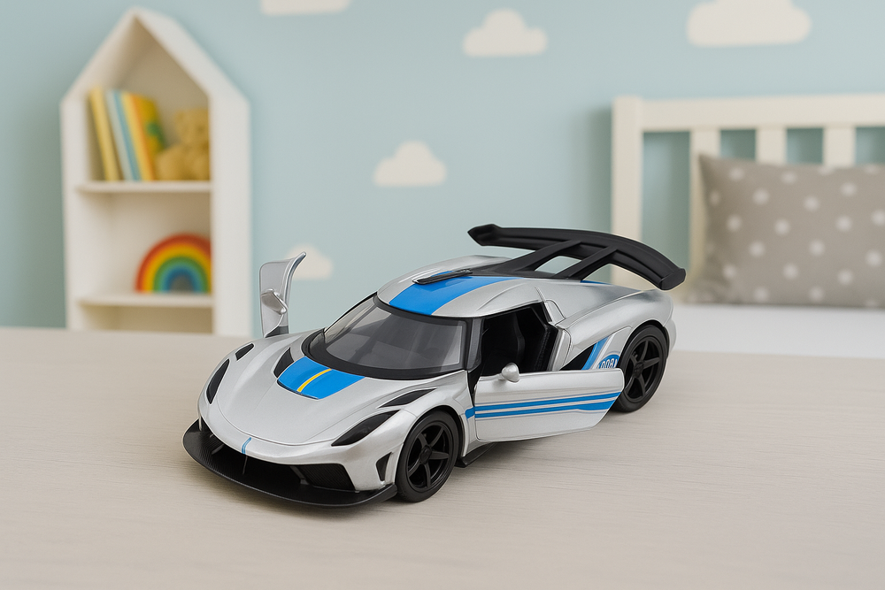 Kovový sportovní racemobil 1:32 stříbrný s otevíracími dveřmi LEAN Toys — V provozu