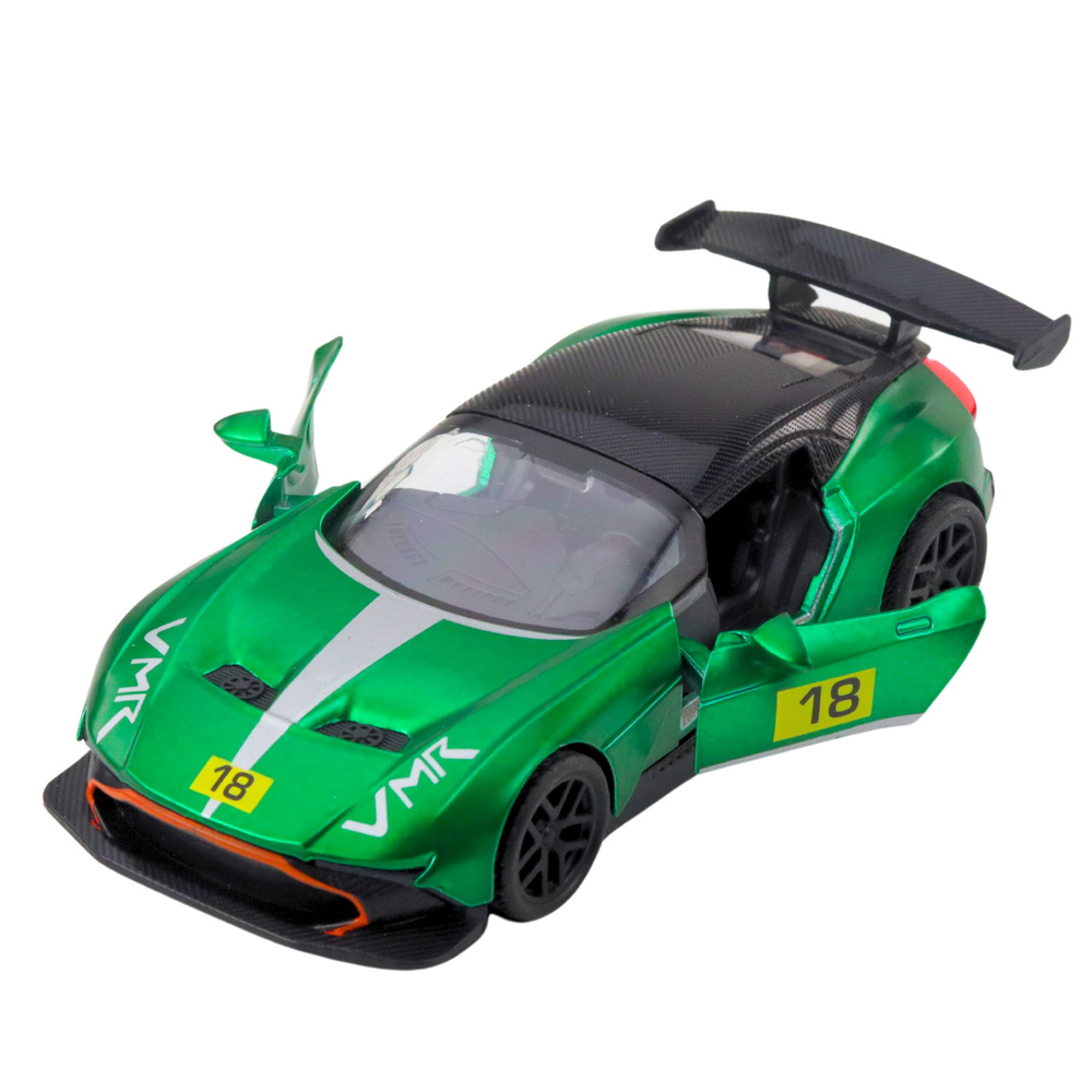 Kovový sportovní závodní vůz LEAN Toys, zelený s otevíracími dveřmi a pull-back mechanismem, pro děti od 3 let — V provozu