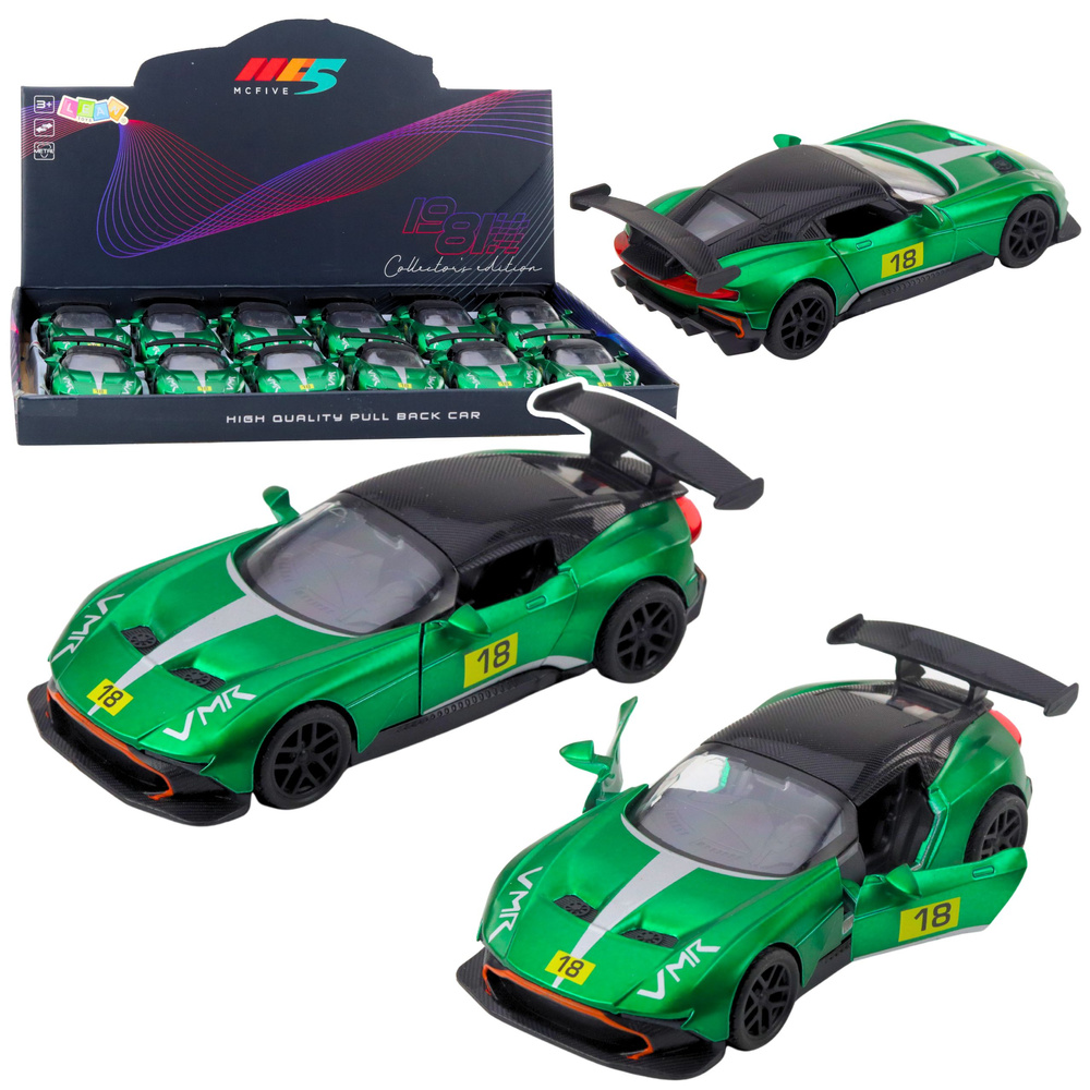 Kovové športové pretekárske auto v mierke 1:32, zelené, s otvárateľnými dverami a mechanizmom pull-back