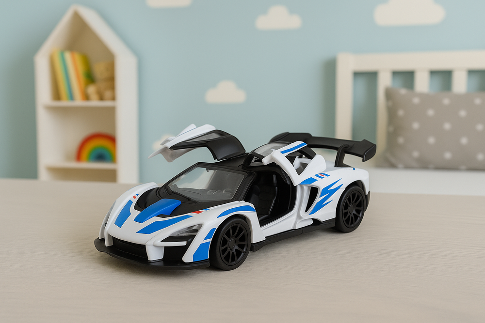 Kovový závodní automobil LEAN Toys s otevíratelnými dveřmi a pull-back pohonem — V provozu