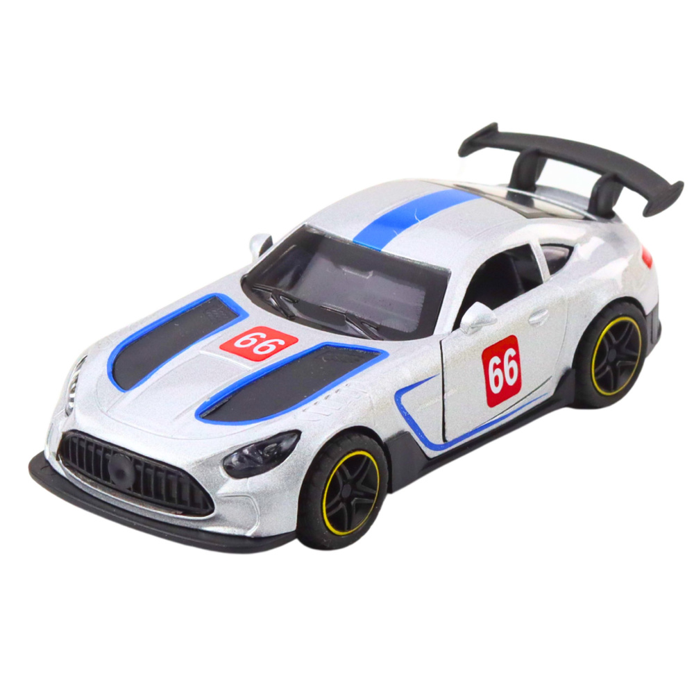 Kovový závodní model 1:43 stříbrný LEAN Toys s otevíracími dveřmi a návratovým mechanismem — Detailový výběr
