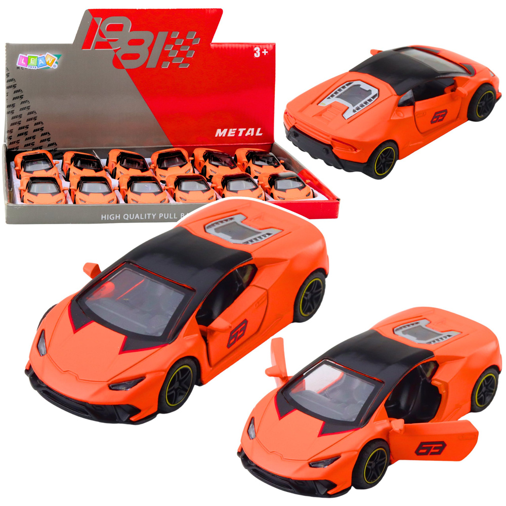 Realistický kovový model športového auta s mechanizmom „pull back“ v mierke 1:43 – oranžový