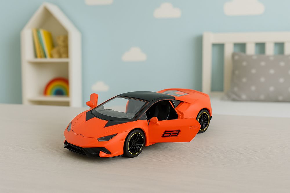 Kovové sportovní auto 1:43 LEAN Toys oranžové s otevíratelnými dveřmi a pull-back pohonem — V provozu