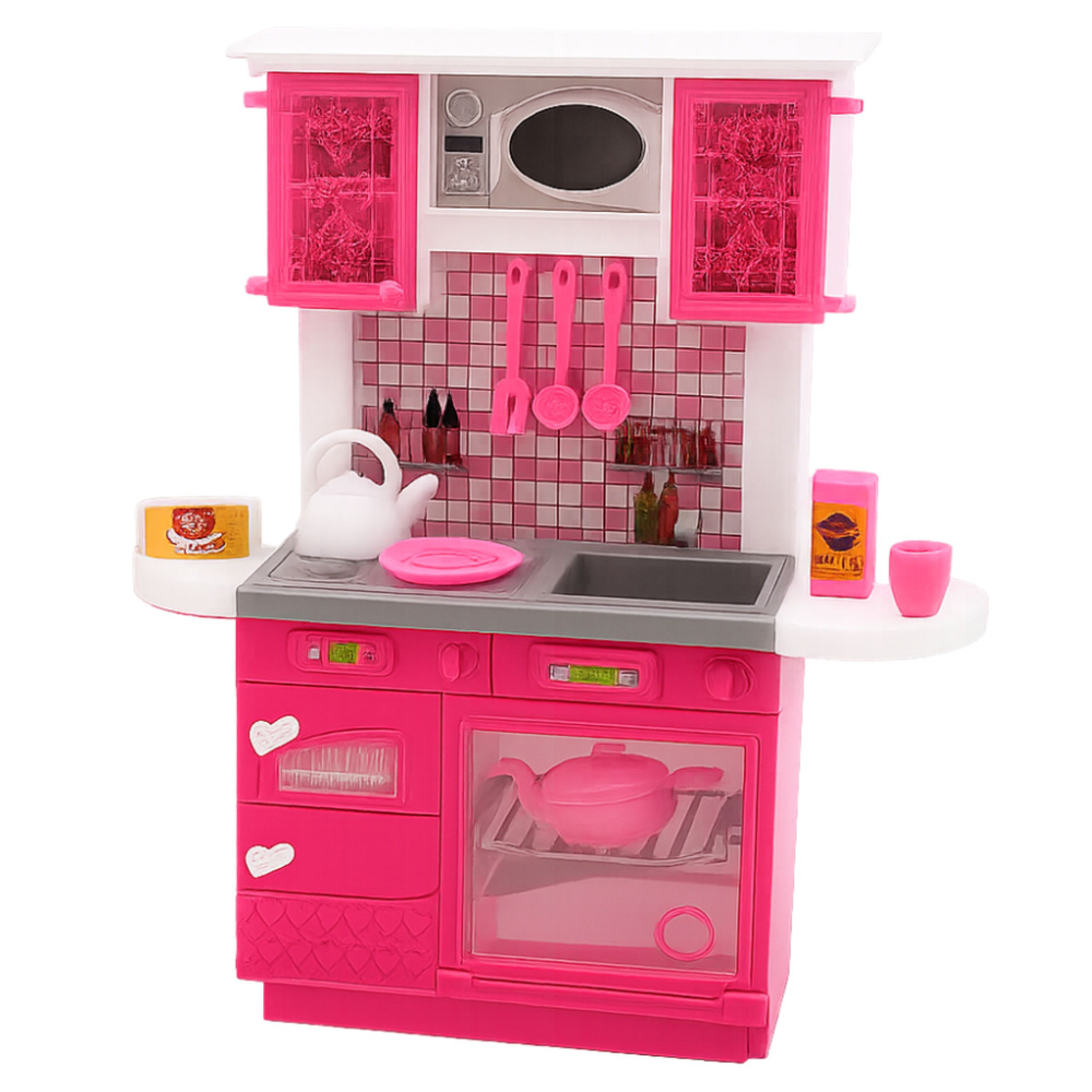 Kuchyň LEAN Toys pro panenky s lednicí a růžovými doplňky — Detail lednice