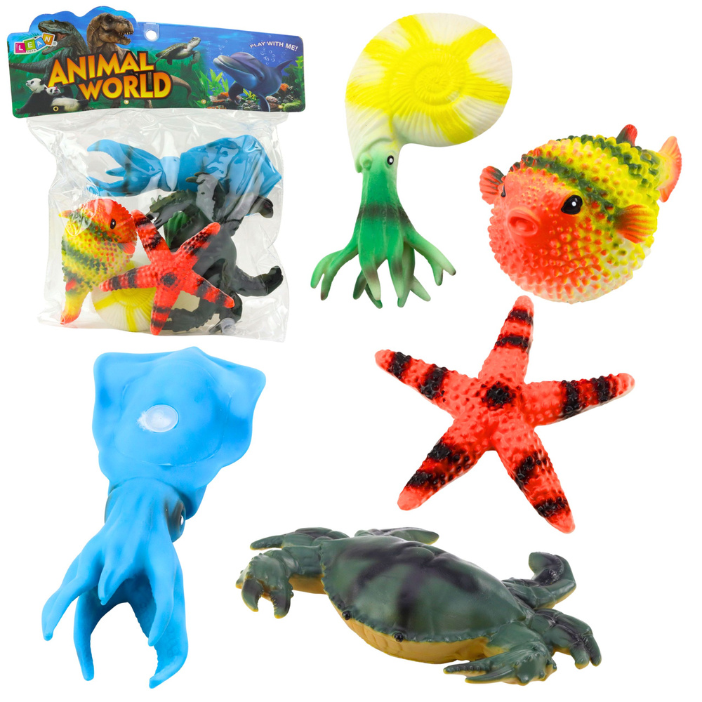 Sada Mořských Zvířat LEAN Toys – Krab, Rozvězda, Kalmár, Amonit, Rybka – 5 ks — Celkový pohled