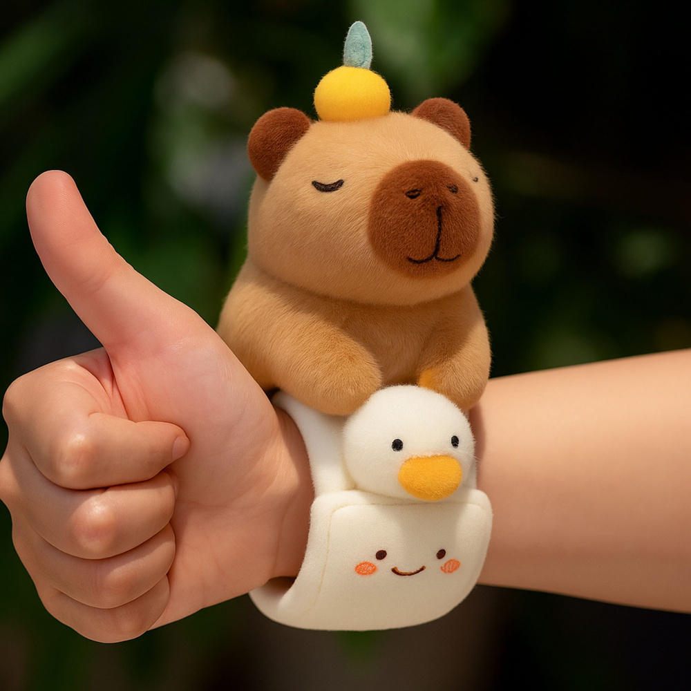 Pluszová opaska na ruku LEAN Toys s gěsí a kapibarou — V provozu