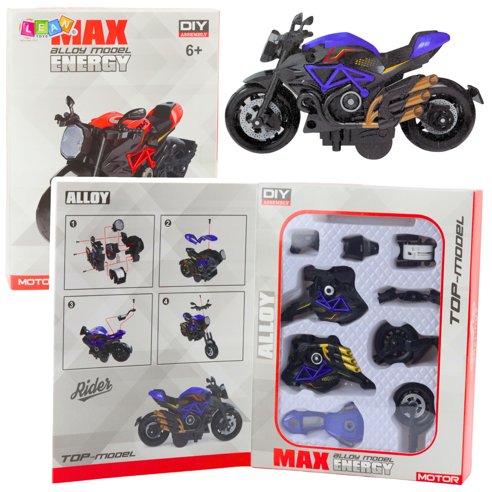Staviteľná kovová motocykel v mierke 1:14, čierno-modrý model na vlastnú montáž