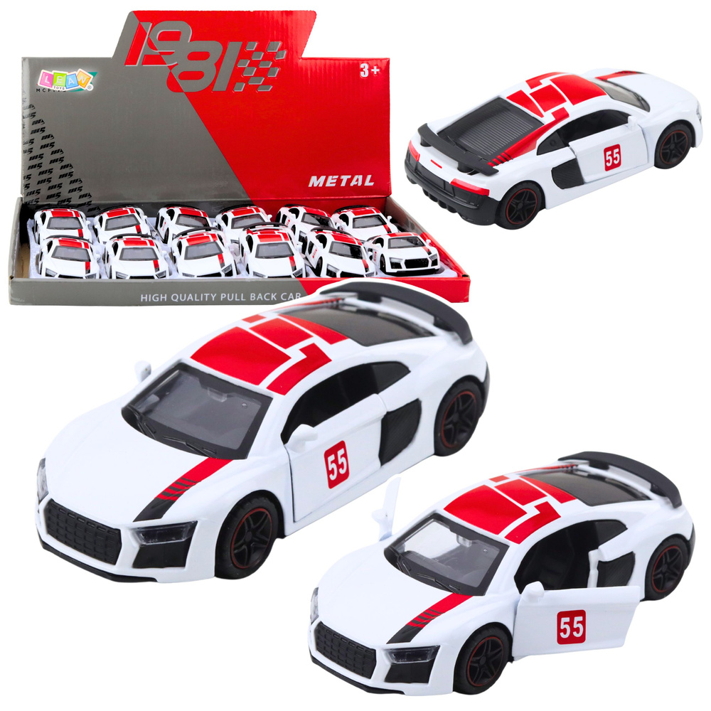 Športový kovový model auta v mierke 1:43 s otvárateľnými dverami a mechanizmom „pull-back“, biely