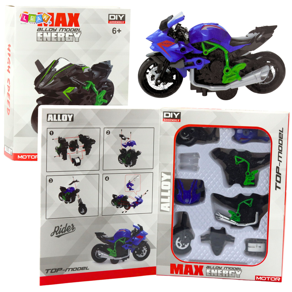 Stavebnicový model motocykla v mierke 1:14, zeleno-modrý, kov a plast