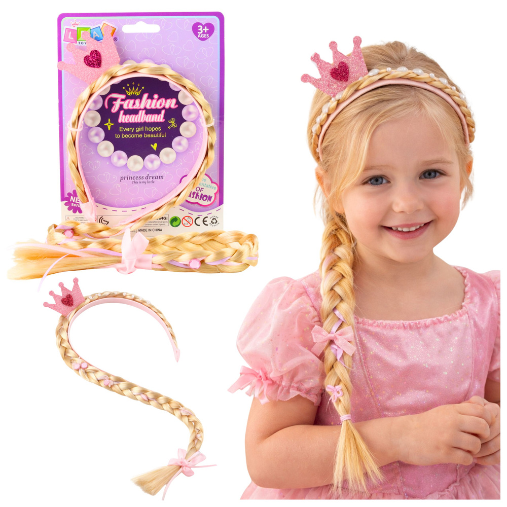 Princeznovská korunka s dlhým blond copom a ružovou stuhou – 50 cm