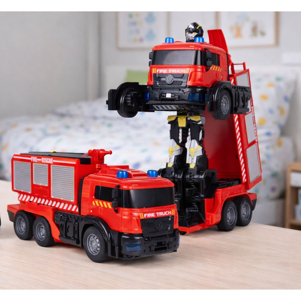 RC Hasičský Robot 2v1 LEAN Toys se světly, zvukem a vodním postřikem — V provozu