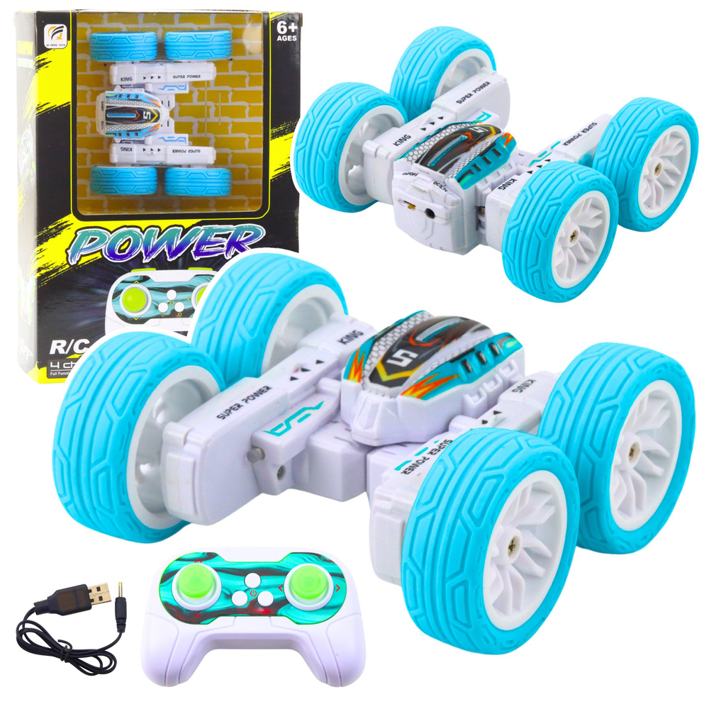 Akrobatické RC auto 360°, biele a modré, mierka 1:32 – svetelné efekty, odolná konštrukcia, pre deti od 6 rokov