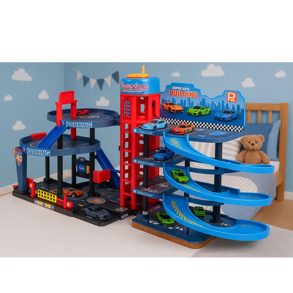 Čtyřúrovňový Parkovací Set LEAN Toys s 8 Kovovými Autíčky, +3 let — V provozu