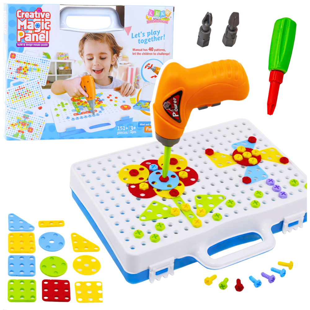 Tvorivá vzdelávacia sada – puzzle s vŕtačkou v kufríku, 151 dielov pre deti od 3 rokov