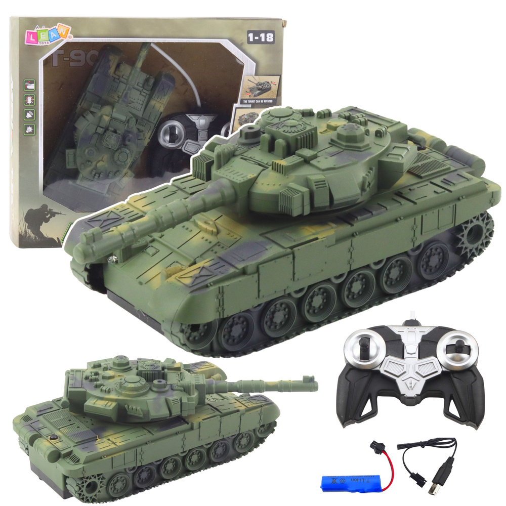 RC tank T90 s diaľkovým ovládaním, svetelnými a zvukovými efektmi, mierka 1:18, zelený