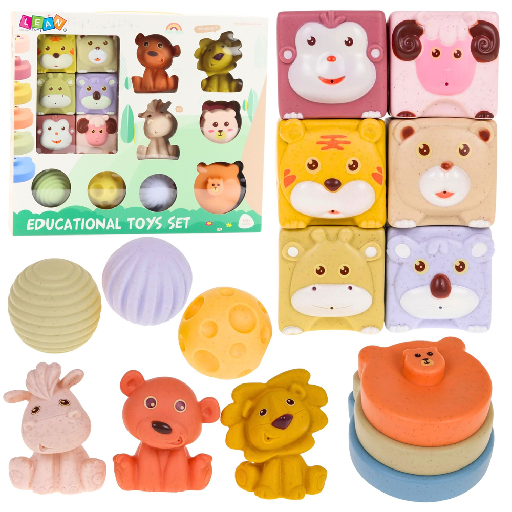 Senzorické EKO Kostičky Zvířata od LEAN Toys, měkké, 18ks, od 6 měsíců — Celkový pohled