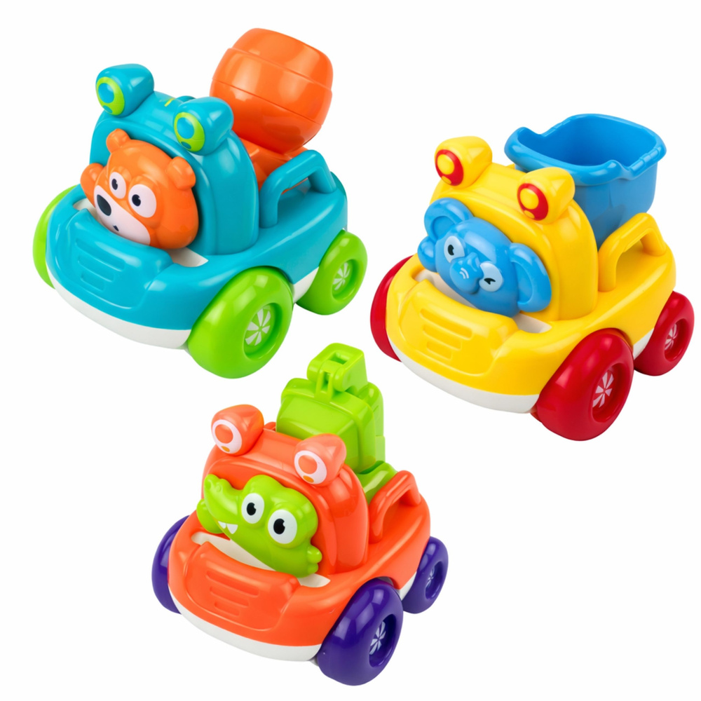 LEAN Toys Stavební vozidla se zvířátky 3 ks pro děti od 18 měsíců — bezpečné a interaktivní hračky s pohybujícími se částmi — Vozidlo detail