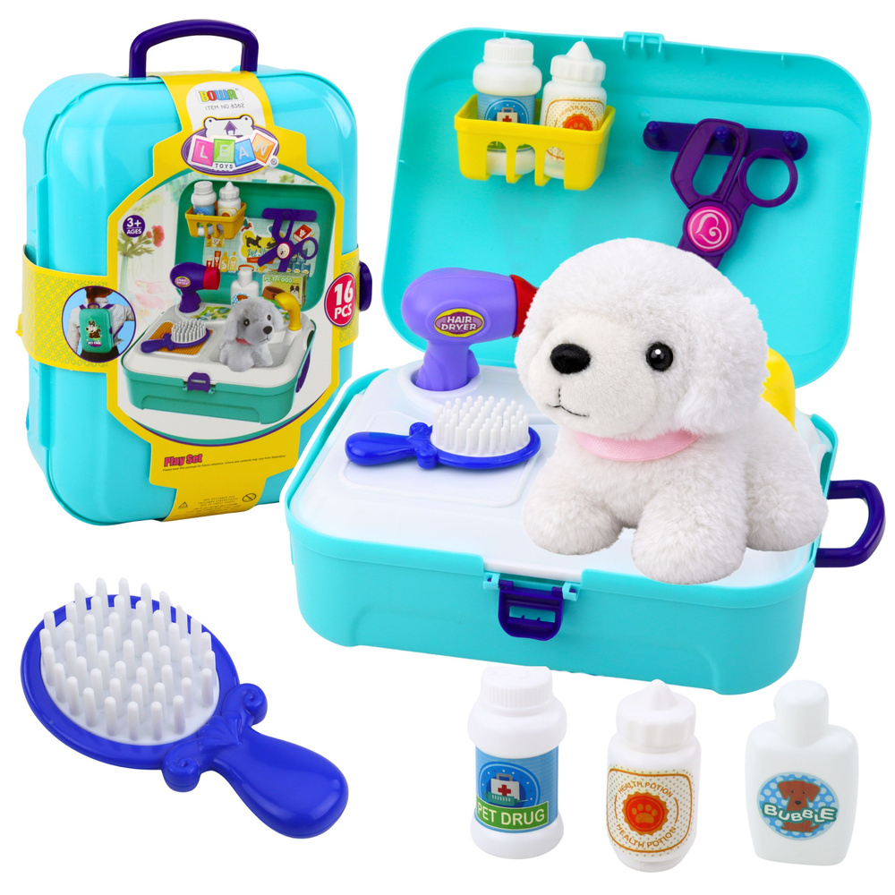 Kozmetický salón pre zvieratká LEAN Toys, 16 dielov – kufrík a batoh pre deti od 3 rokov