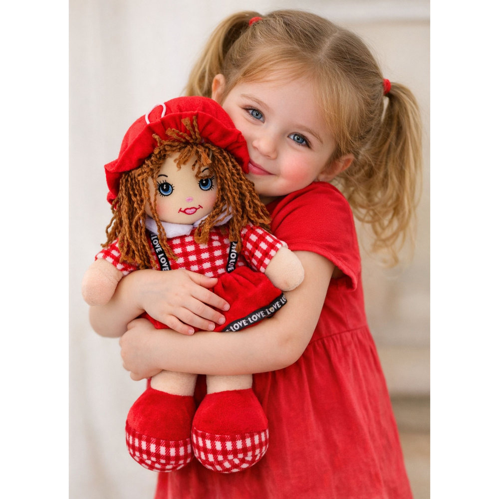 Plyšová loutka LEAN Toys v červených kostkovaných šatech 35 cm pro děti od 3 let — V provozu