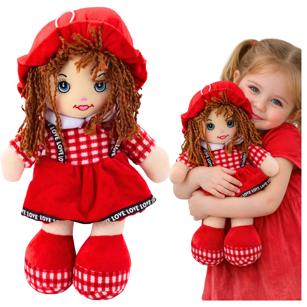 Plyšová loutka LEAN Toys v červených kostkovaných šatech 35 cm pro děti od 3 let — Celkový pohled