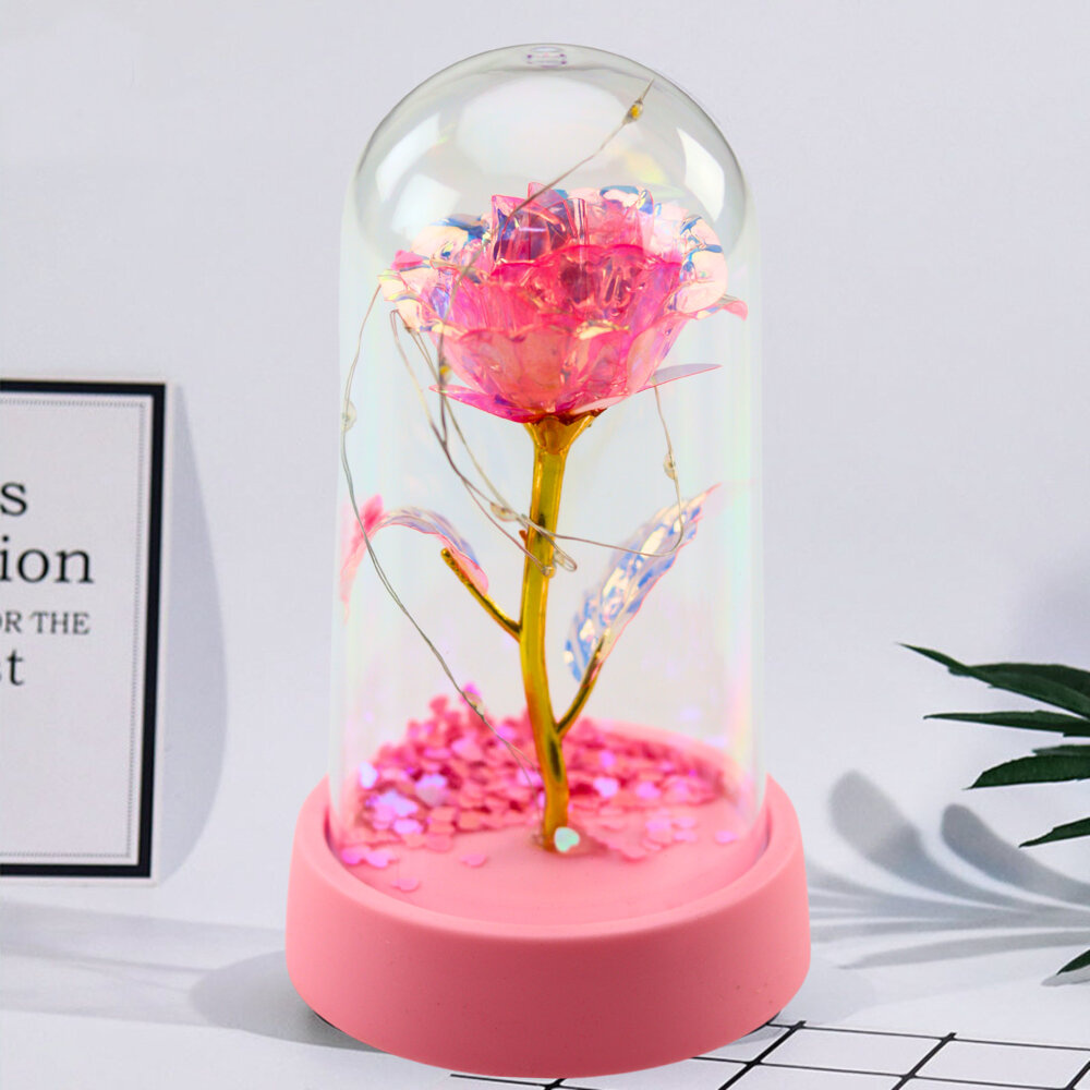 Křišťálová Věčná Růže v Kupoli s LED Osvětlením Růžová 14x8cm