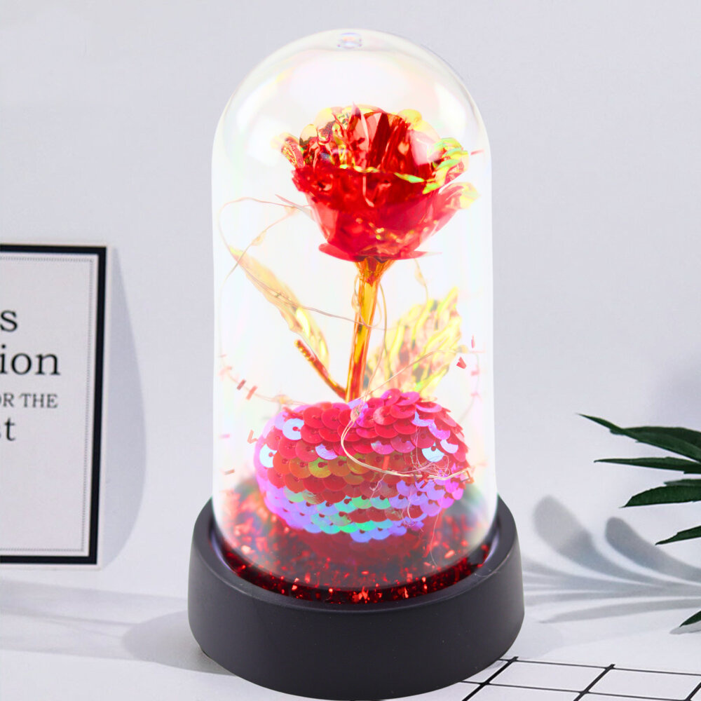 Věčná Křišťálová Růže v Kopuli s LED Osvětlením a Srdcem 14x8cm