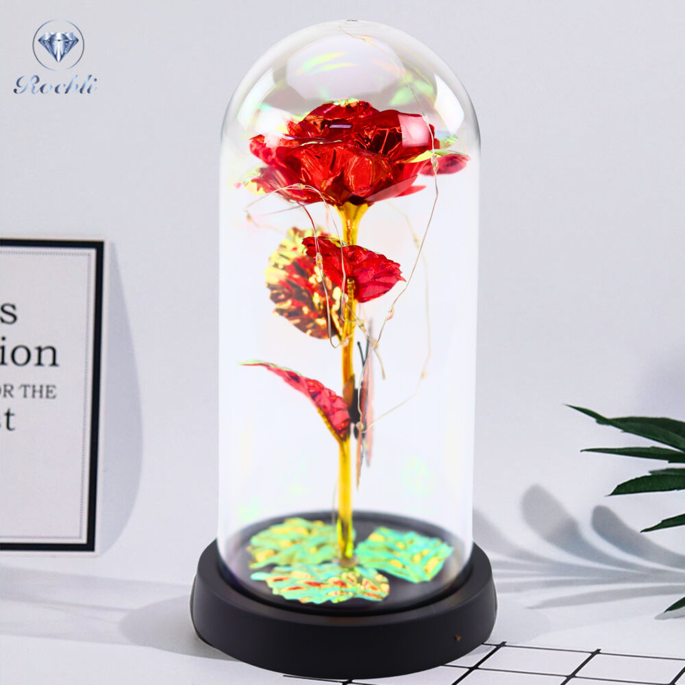 Věčná Růže ve Skleněné Kopuli s LED Osvětlením a Motýlem Červená 21x11cm