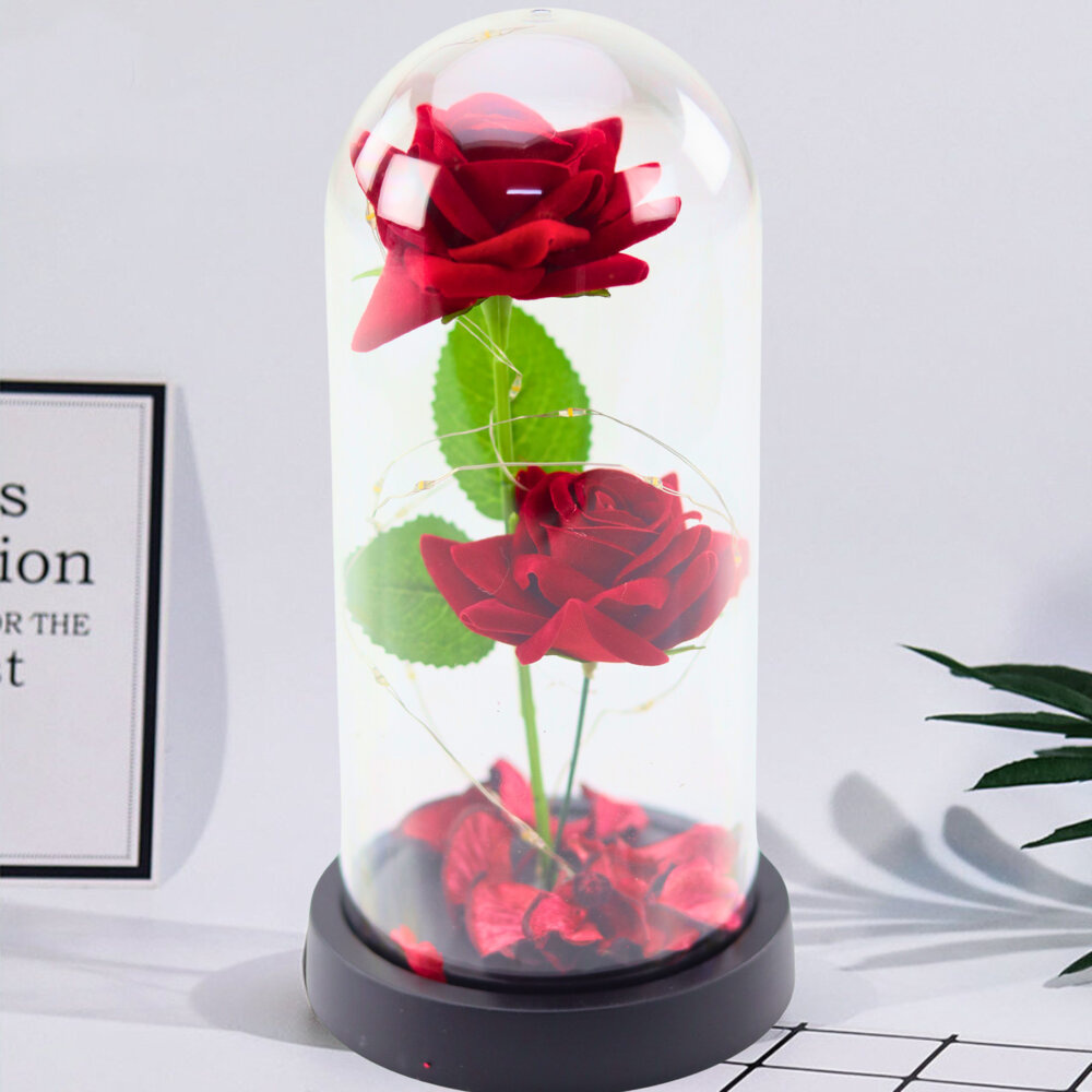 Věčné 2 Růže v Kupoli s LED Osvětlením a Růžovými Plátky Červené 21x11 cm