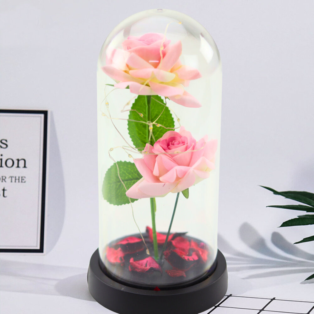 Večné ruže v kupole s LED osvetlením a ružovými okvetnými lístkami, 21 × 11 cm
