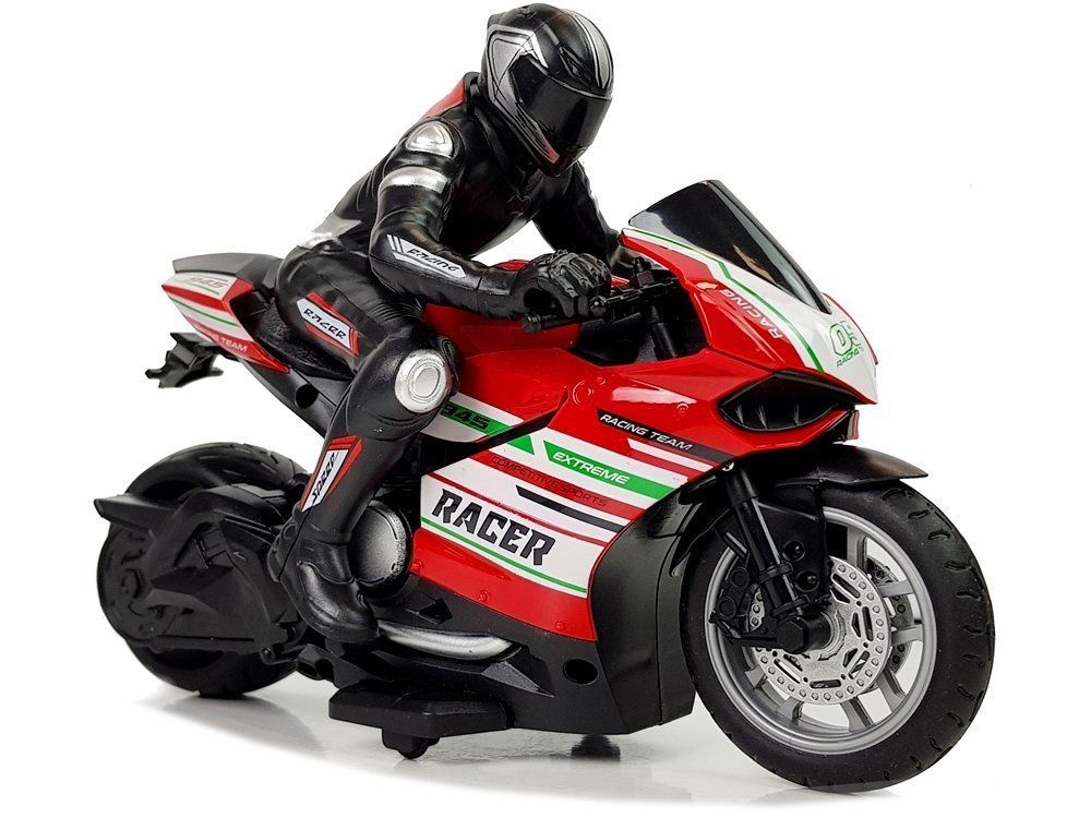 Dálkově ovládaný sportovní motocykl 2.4G, měřítko 1:10, červený, LEAN Toys — V provozu