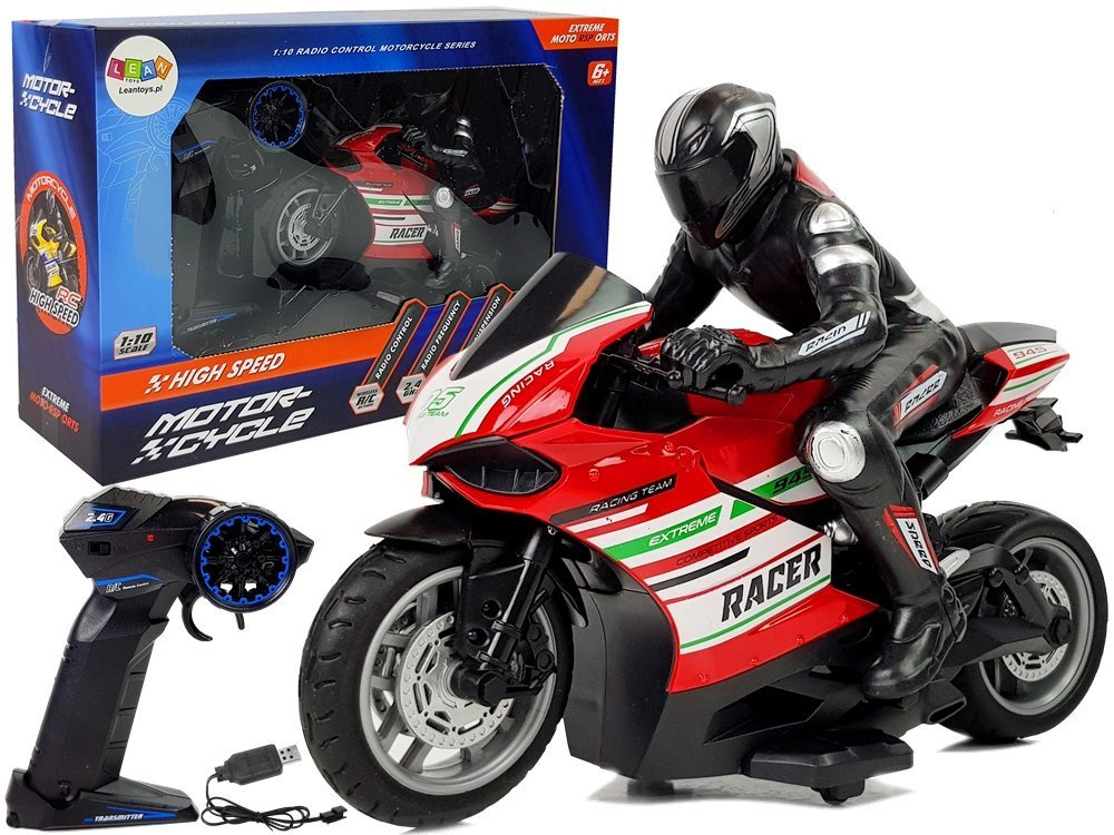 Dálkově ovládaný sportovní motocykl 2.4G, měřítko 1:10, červený, LEAN Toys — Celkový pohled
