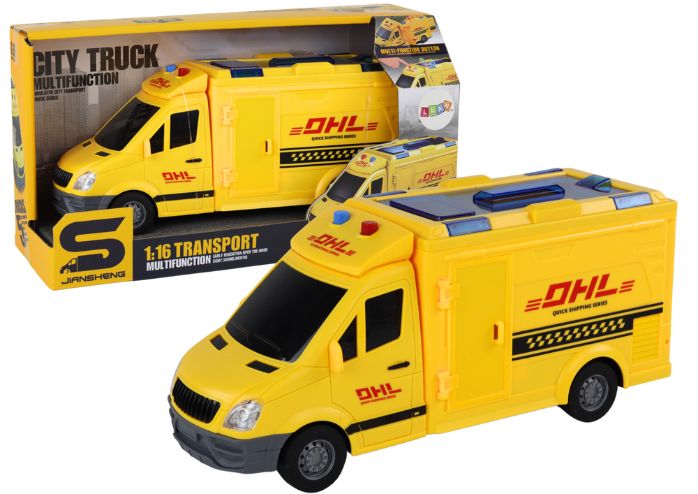 Dodávkové auto 1:16 třecí pohon otevírací dveře světla zvuky žluté