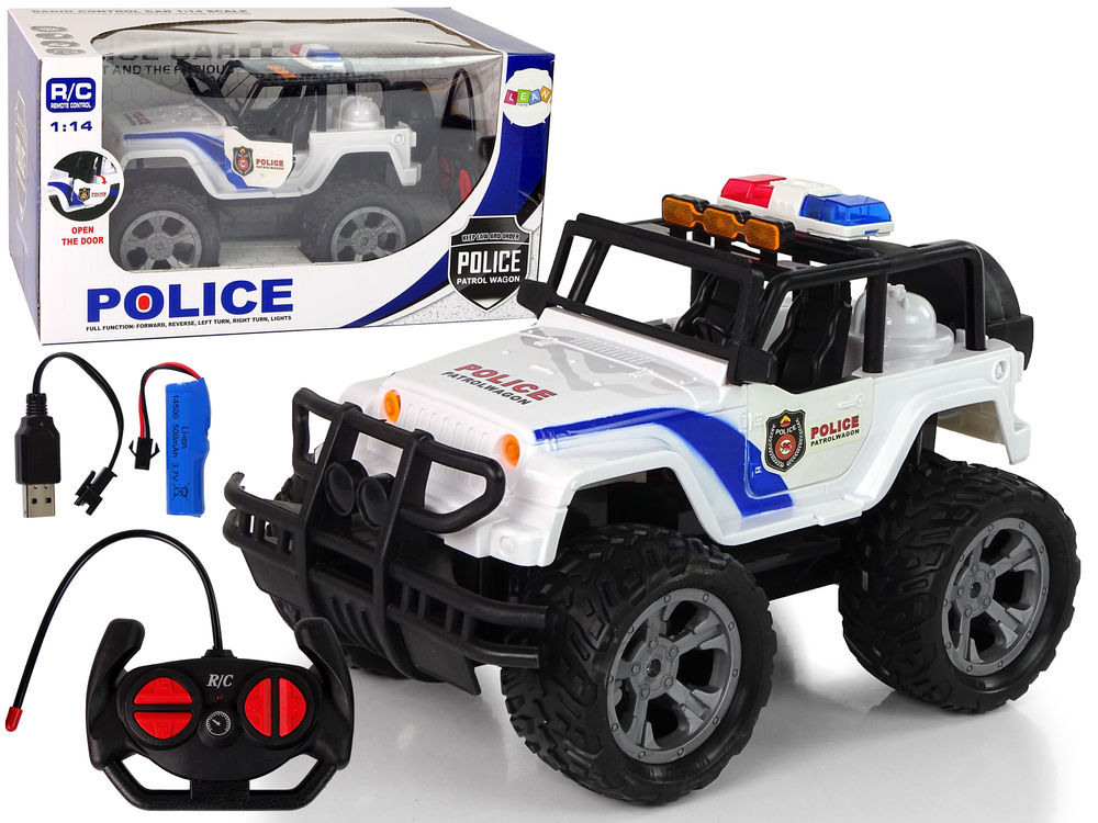 Policejné auto Jeep 1:14 R/C Terénne auto so svetelnými a zvukovými efektmi – Zábava pre deti!