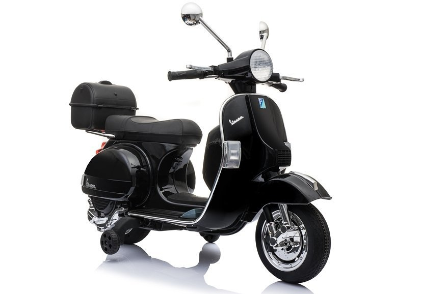 Detský elektrický skúter Vespa, čierny, LEAN Toys, 12 V, s prehrávačom MP3 a LED svetlami, od 3 rokov