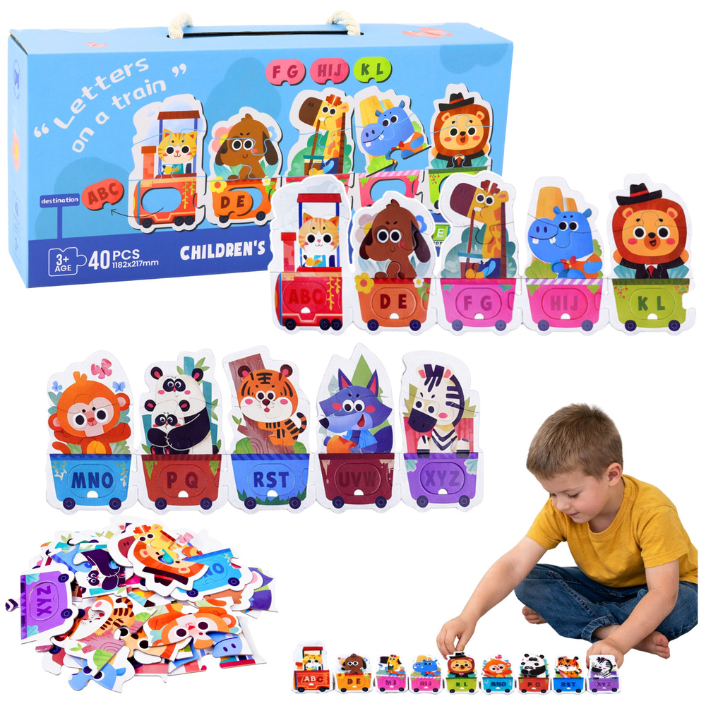 Edukační Puzzle Alfabetový Vlak se Zvířátky LEAN Toys, 40 dílků, pro děti od 3 let — Celkový pohled