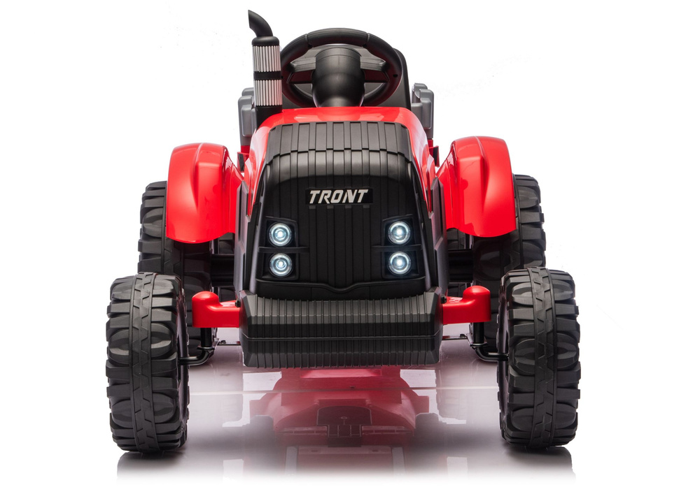 Dětský červený traktor CH9959B s přívěsem — 2×120 W motory a LED světla, model LEAN CARS (24 V) — LED osvětlení