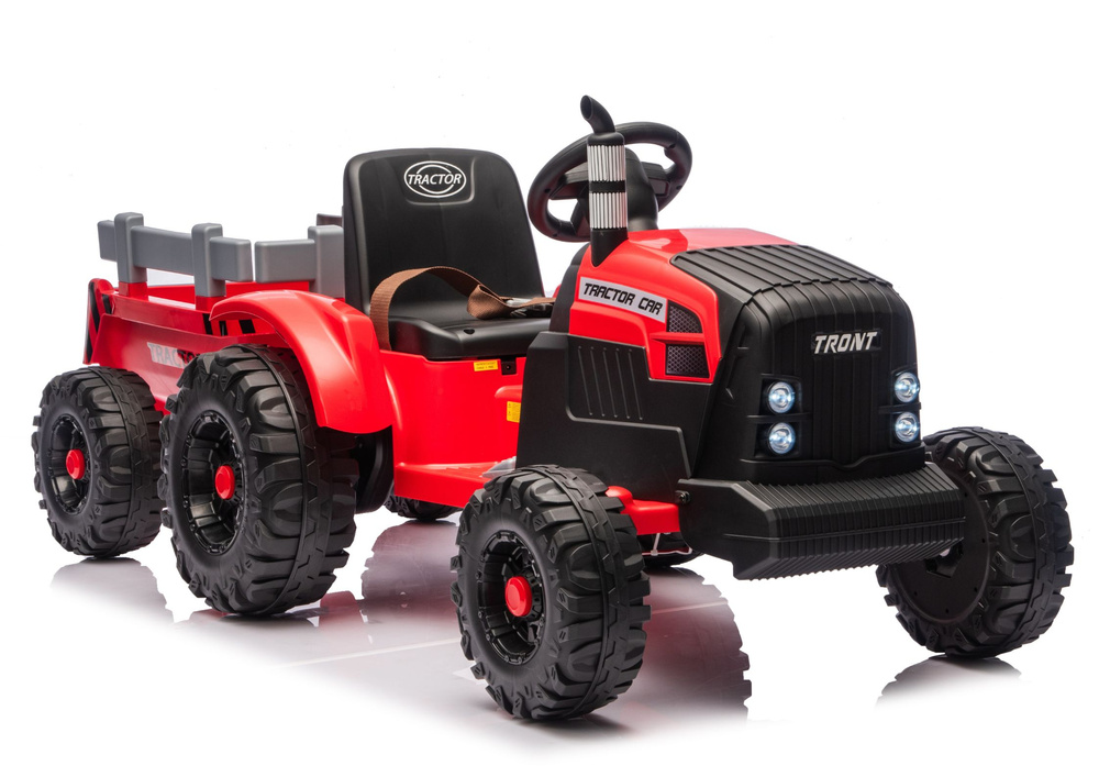 Dětský červený traktor CH9959B s přívěsem — 2×120 W motory a LED světla, model LEAN CARS (24 V) — Traktor s přívěsem