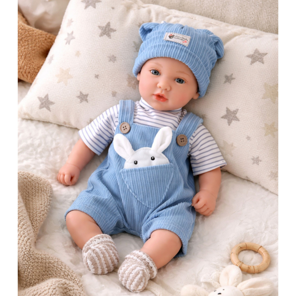Interaktivní panenka Bobas v modrém ubranku s doplňky a zvuky 39 cm — V provozu