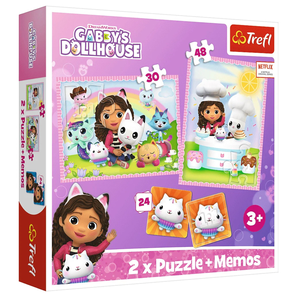 Puzzle 4 v 1 Trefl – Gabi s mačacím kamarátom – Mačací domček – sada 2 puzzle + pexeso pre deti