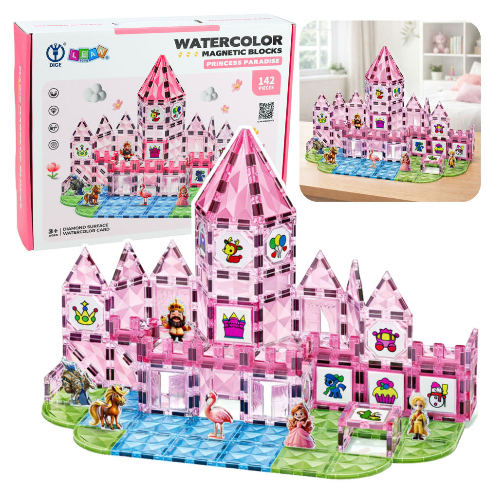 Magnetická stavebnice LEAN Toys, 142 kusů s malovacími kartami pro holky od 3 let — Celkový pohled