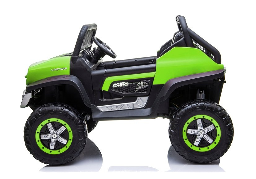 Bateriové auto LEAN CARS Mercedes Unimog 4x4 zelené, 3 rychlosti, 4x45 W, 12 V 14 Ah, pro děti od 3 let — V provozu