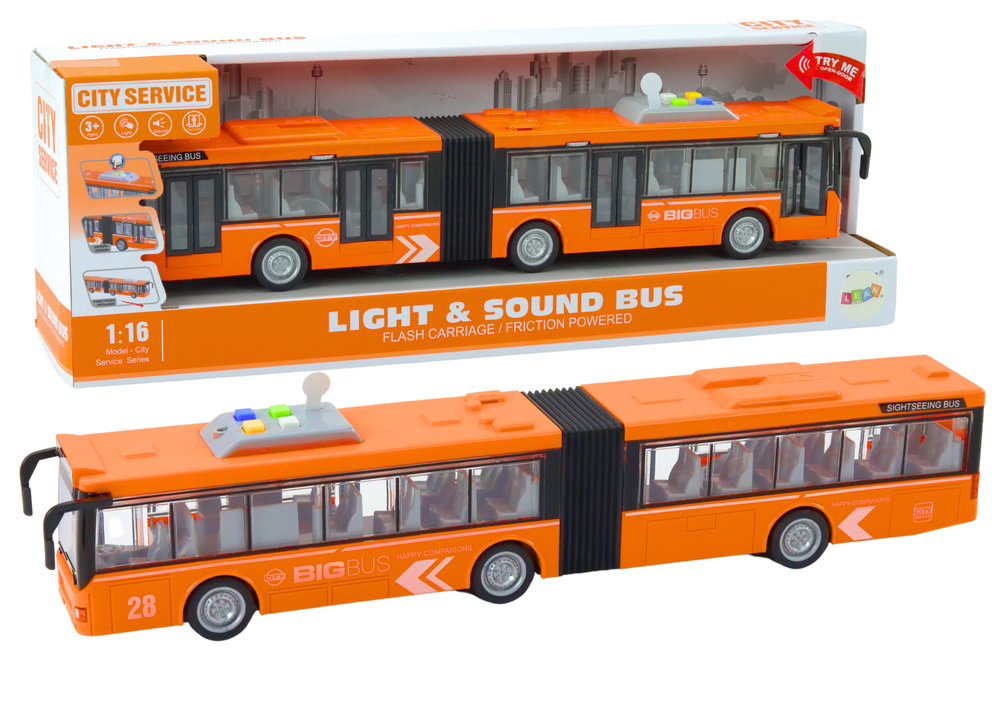 Městský kloubový autobus 1:16 Pohon Světla Zvuky Oranžový