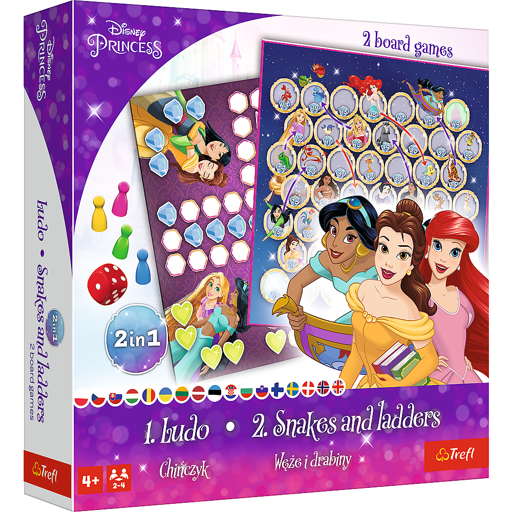 Hra 2v1 Člověče nezlob se/Hadi a žebříky Trefl Gry s motivem Disney princezen od 4 let — Celkový pohled